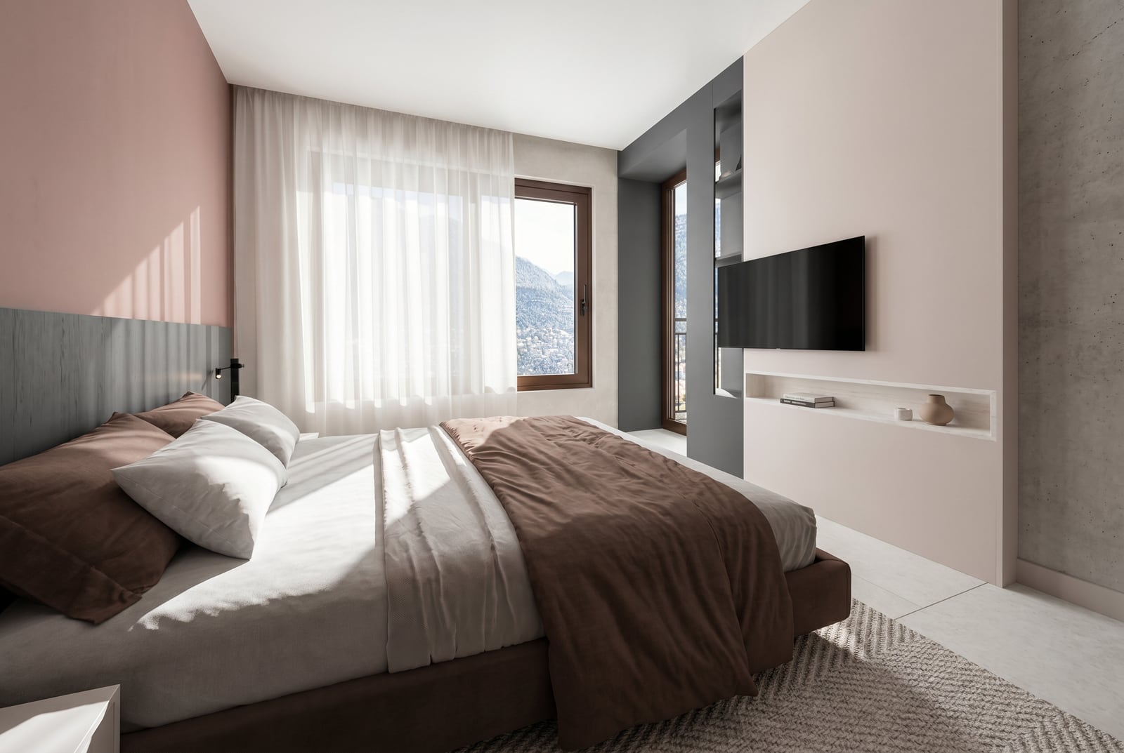 Modern bedroom with a double bed and mountain view in an apartment, Tivat, Montenegro.