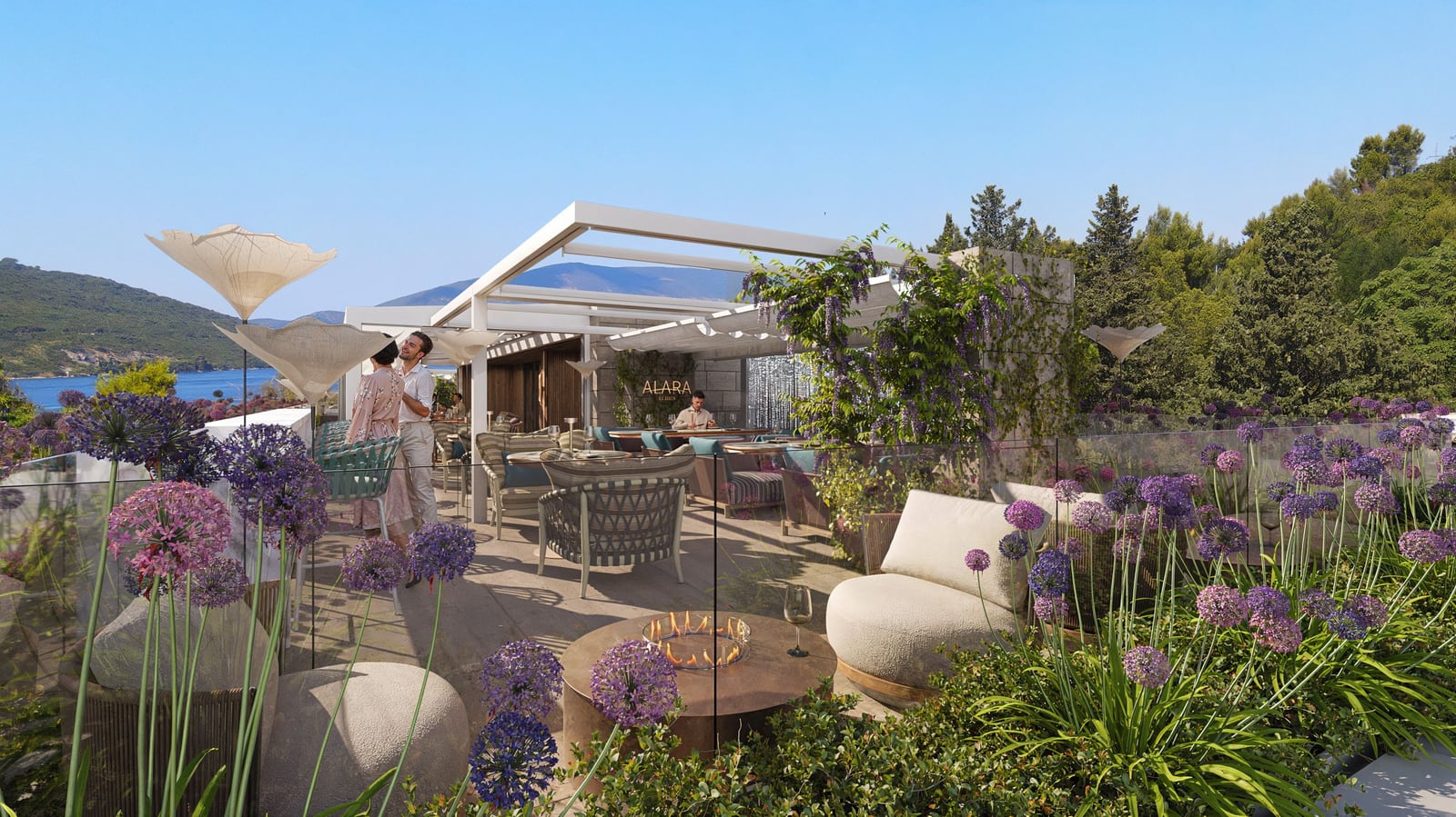 Terrace of Alara restaurant in the Kumbor residential complex, Montenegro: wicker furniture, sea view, landscape design, and an outdoor fireplace.