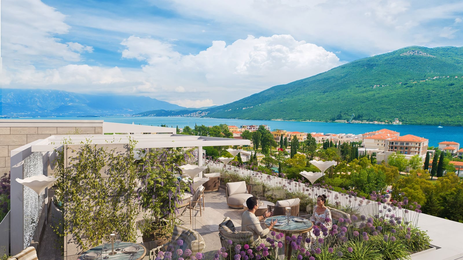 Terrace with furniture and views of the Bay of Kotor in a residential complex, Kumbor, Montenegro: modern finishes and landscaping.