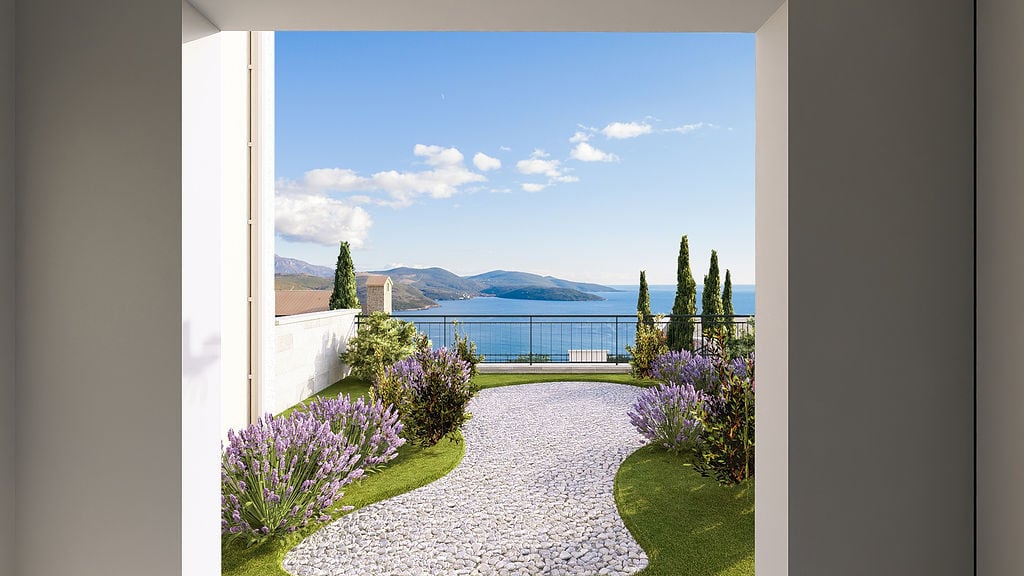 View from the terrace of an apartment in Luštica, Montenegro: landscape design with lavender, gravel path, and a panoramic sea view.