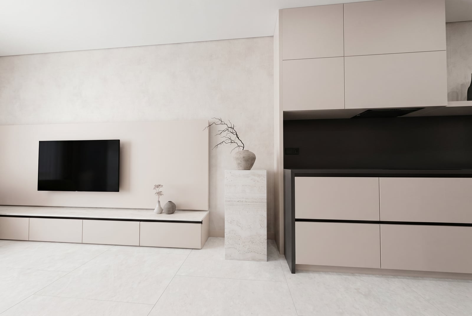 Modern minimalist living room with kitchen in an apartment, Tivat, Montenegro: beige furniture and marble decor.