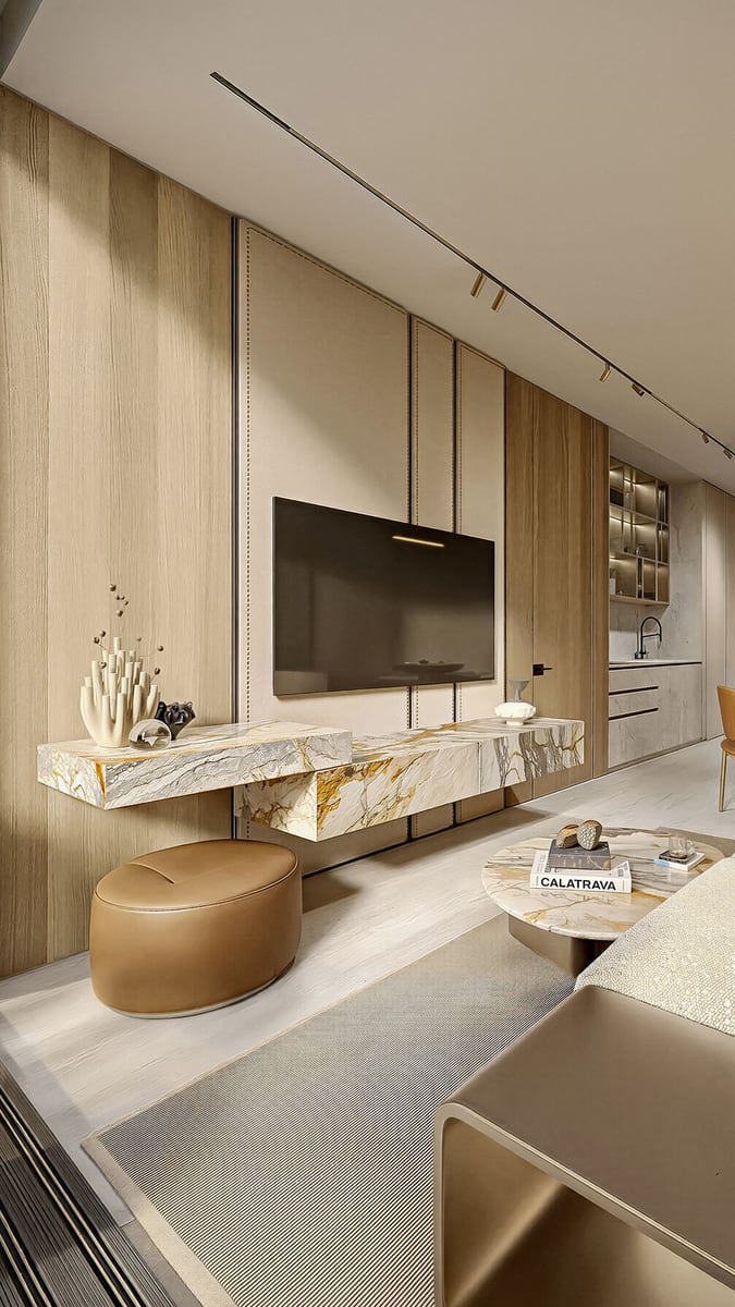 Modern living room in the Kumbor residential complex, Montenegro: wood finishes, a suspended marble console, and a TV area with lighting.