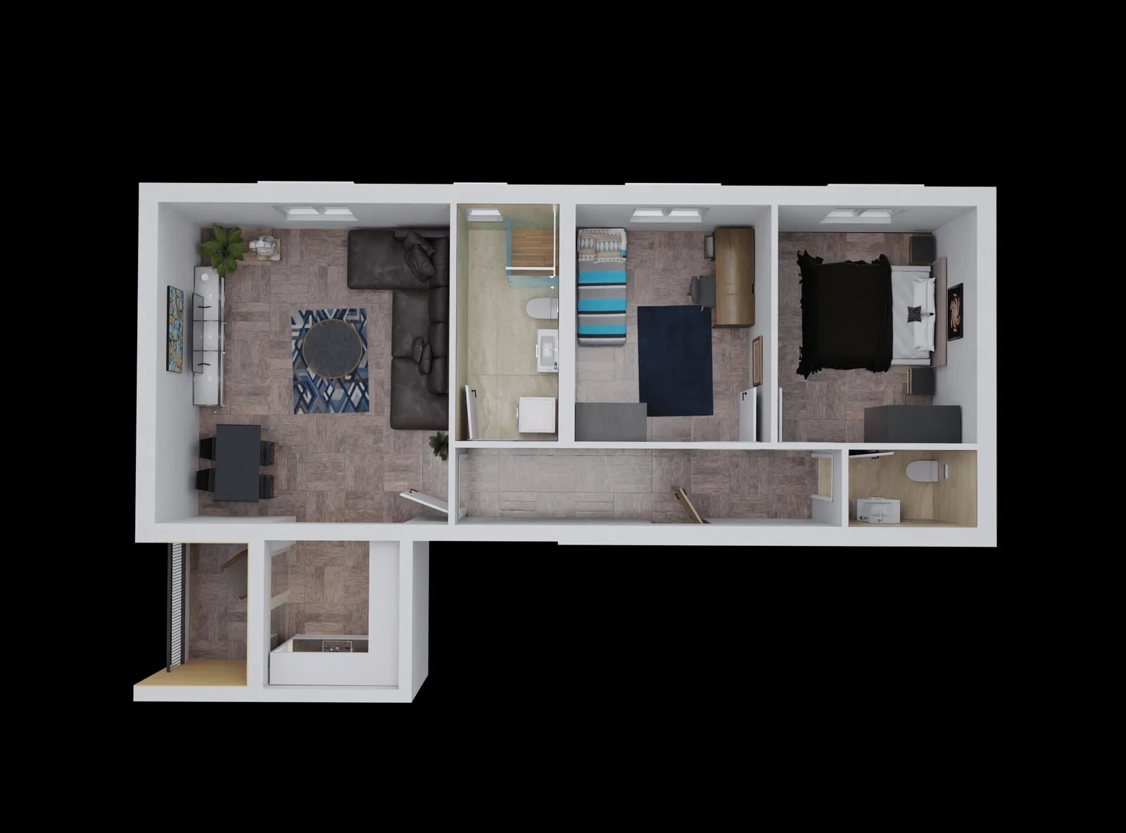 Karadağ’daki Bar konut kompleksinde 3D daire planı: oturma odası, iki yatak odası, iki banyo ve modern mobilyalar.