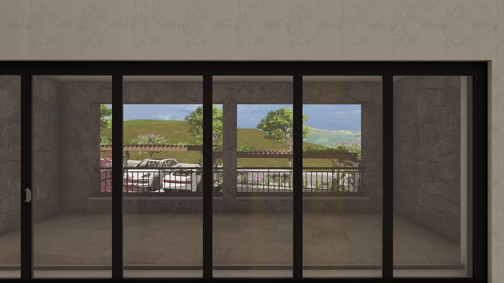 Panoramic balcony glazing with stone finishing and mountain views in the Lustica Bay residential complex, Montenegro.