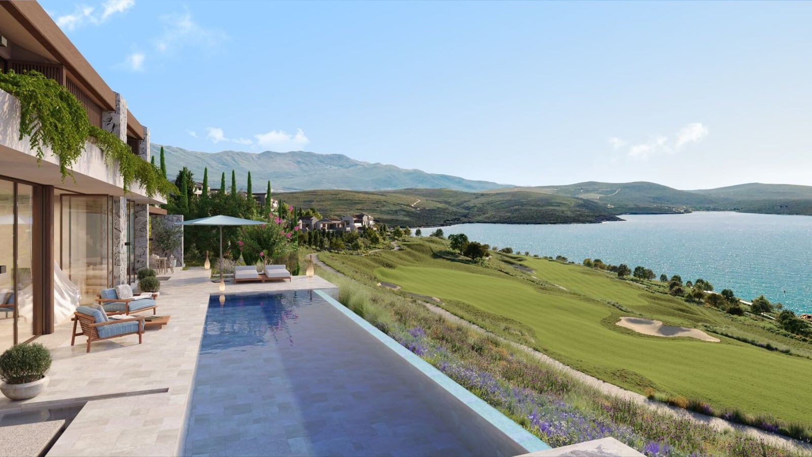 Luxurious villa with an infinity pool, terrace, and views of the golf course and sea in Luštica, Montenegro.