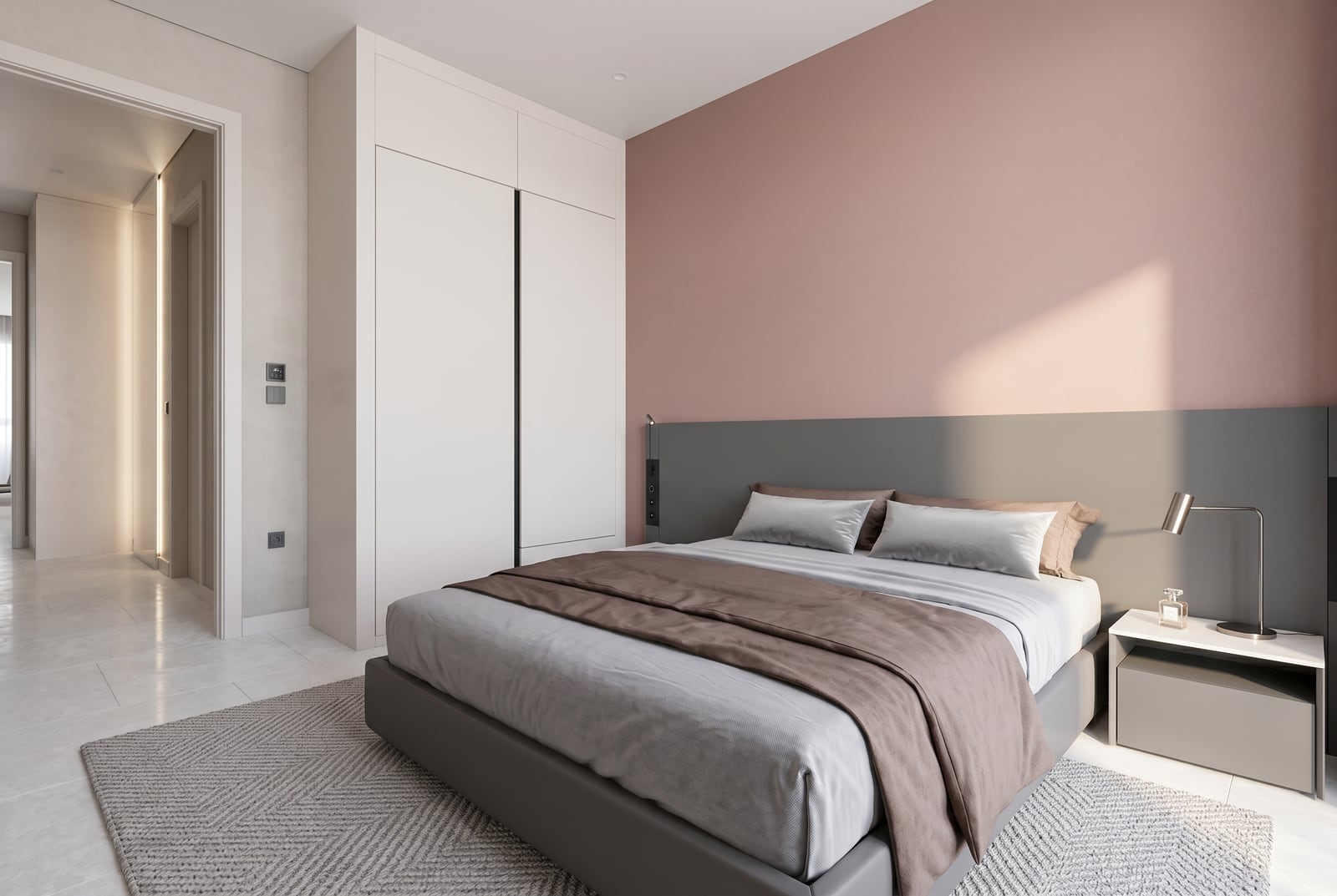Modern bedroom in an apartment at Tivat residential complex, Montenegro: double bed, built-in wardrobe, and stylish interior.