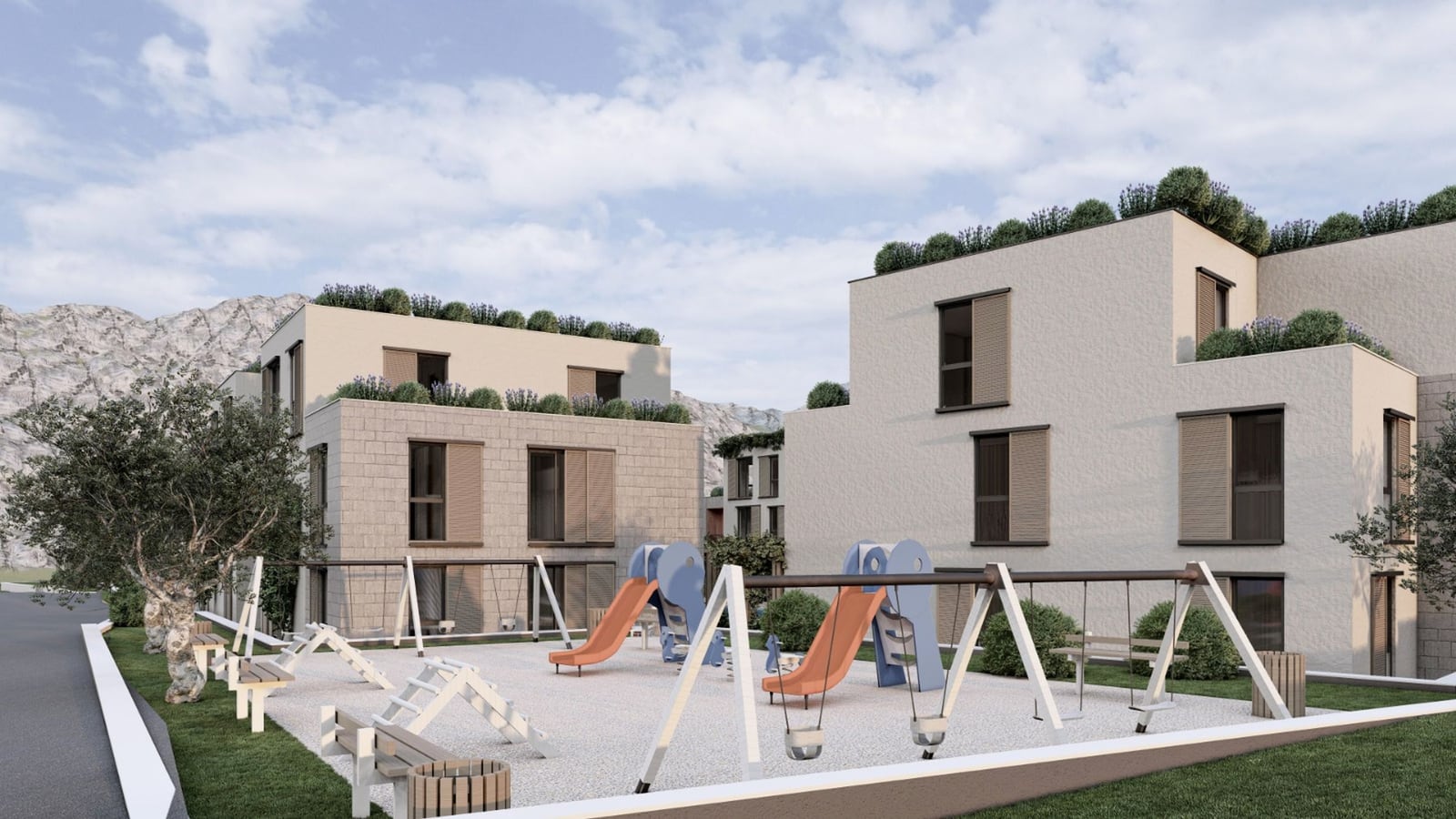 Modern residential complex in Radanovichi, Montenegro: playground, landscaped grounds, and mountain view.