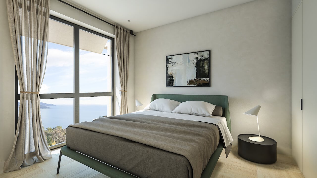 Modern bedroom with sea view in the Luštica residential complex, Montenegro: double bed and panoramic windows.
