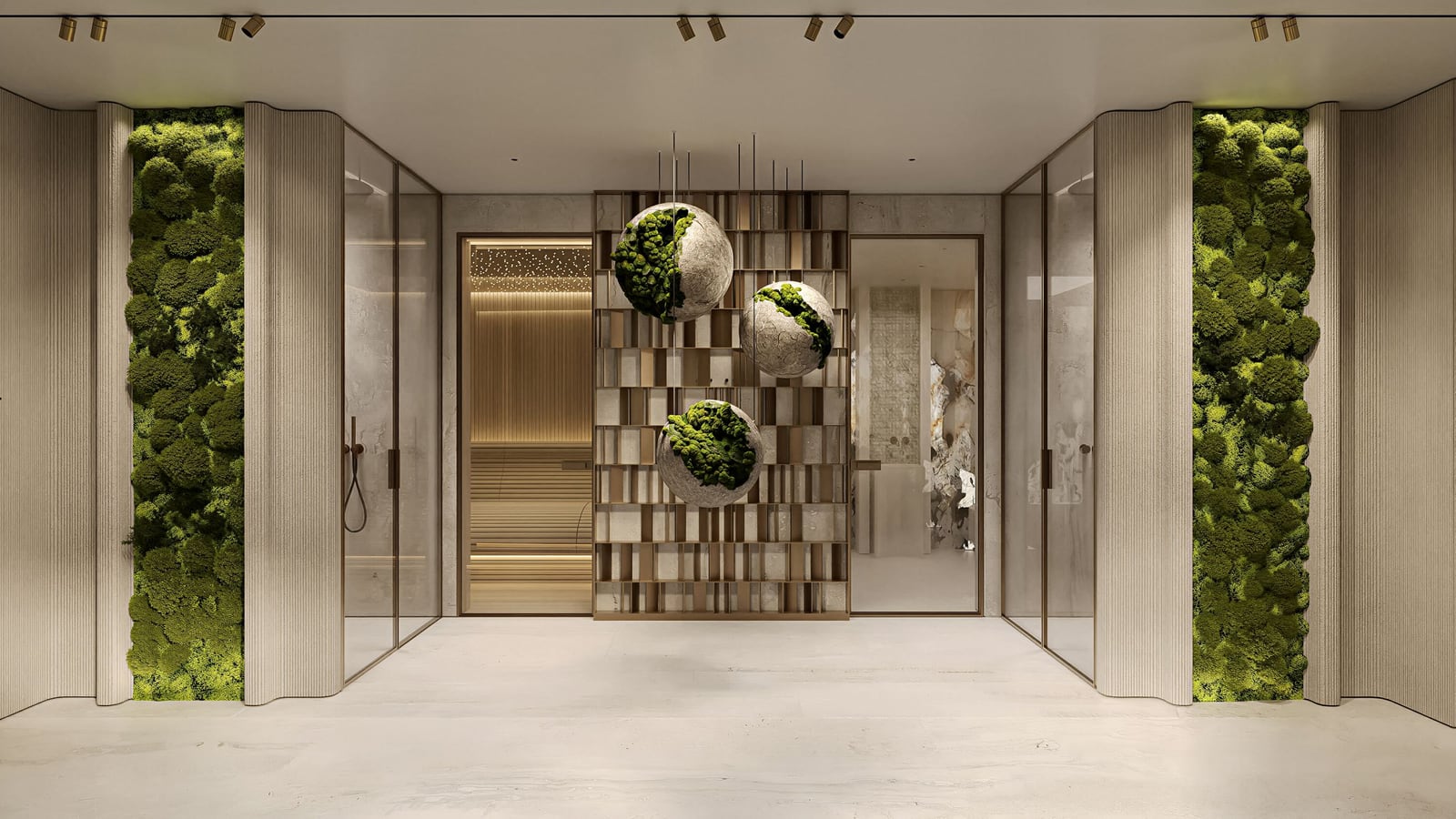 Bathroom design with a sauna and moss phytowalls in a premium residential complex, Kumbor, Montenegro.