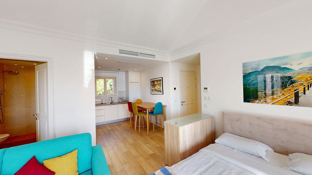 Modern apartment in Krašići, Montenegro: living room with kitchen, bright furniture, double bed, and bathroom.