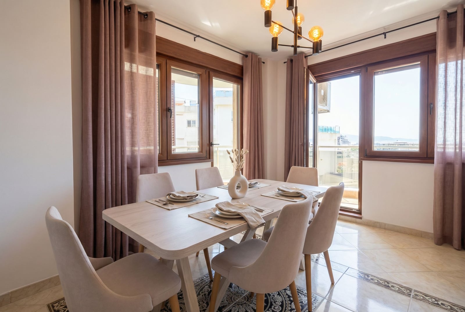 Bright dining area in an apartment in Rafailovići, Montenegro: wooden table, upholstered chairs, and access to the terrace.