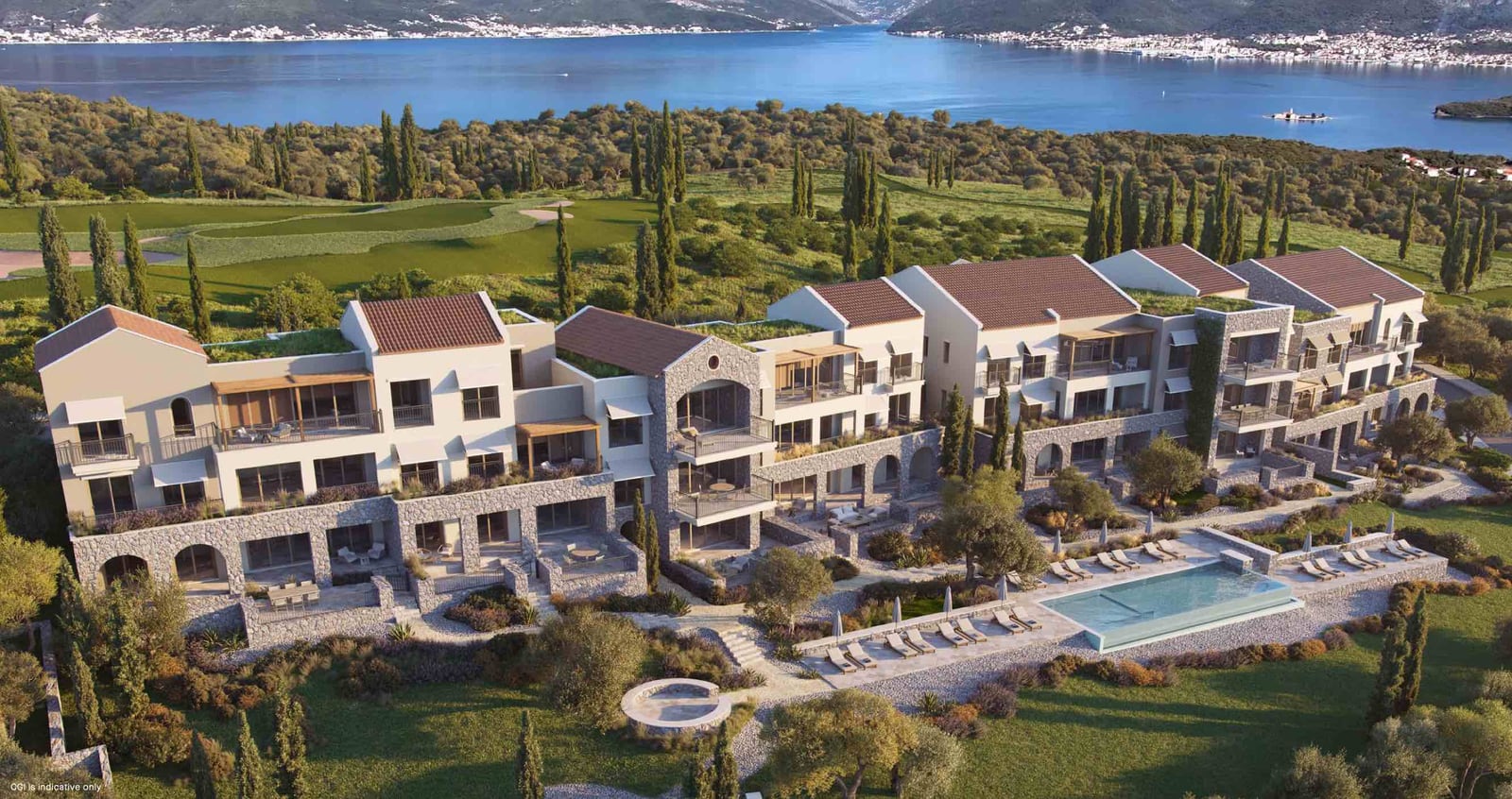 Lustica Bay luxury residential complex in Montenegro: view of modern apartments with a pool and bay panorama.
