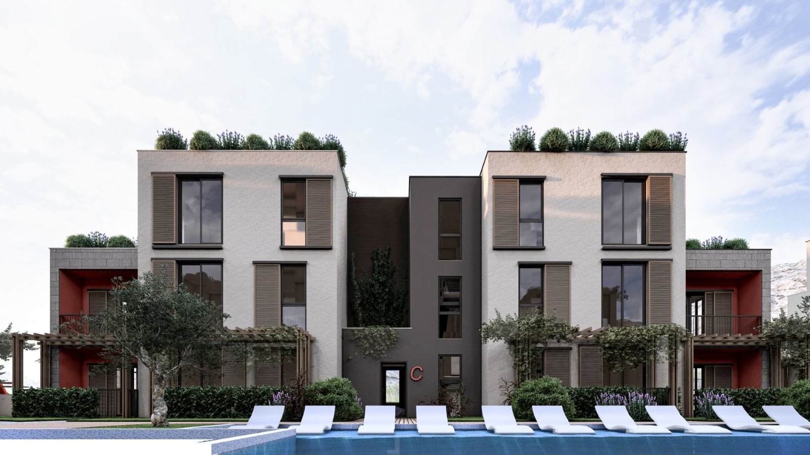 Modern residential complex in Radanovici, Montenegro: building facade with a pool, terraces, and landscape design.
