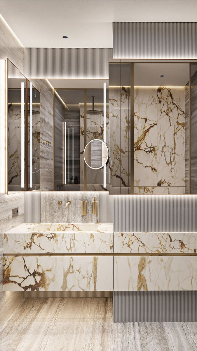 Modern bathroom with marble finishes and gold details in a luxury residential complex in Kumbor, Montenegro.