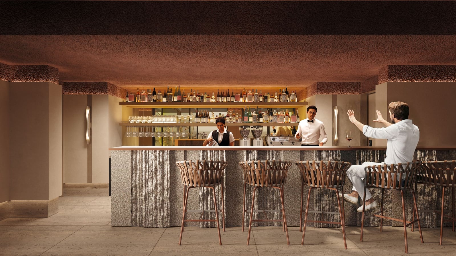 Stylish bar in a residential complex in Kumbor, Montenegro: designer counter, woven furniture, and a premium interior.