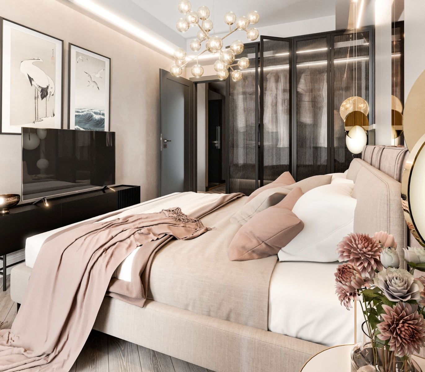 Modern bedroom in Radanovici residential complex, Montenegro: double bed, glass wardrobe, and designer chandelier.
