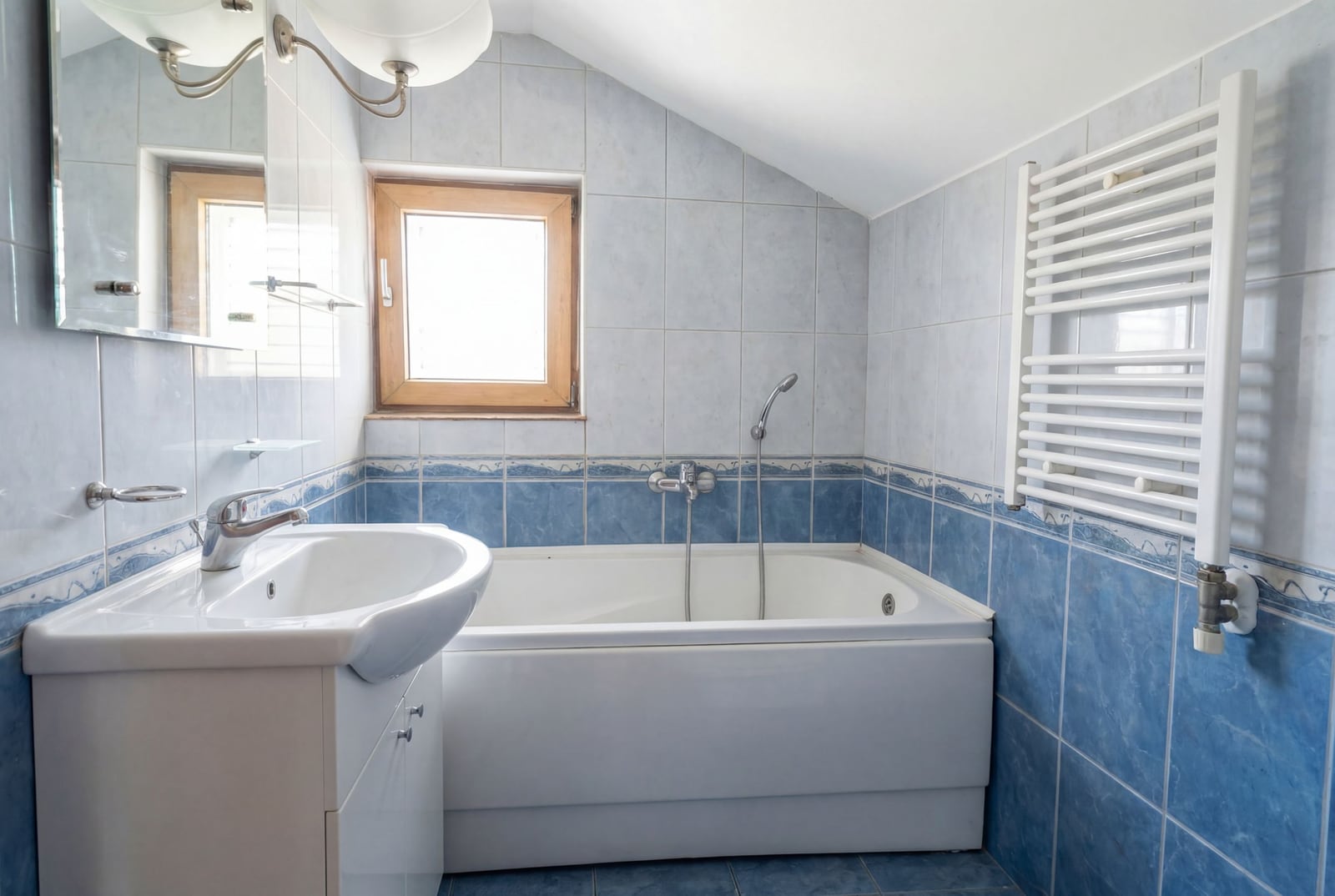 Bathroom with blue tiles, a bathtub, and a window in a house for sale in Baošići, Montenegro.