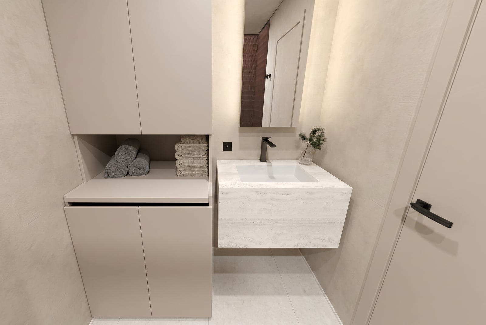 Modern bathroom in an apartment in Tivat, Montenegro: wall-mounted vanity unit with stone top, cabinet, and black fixtures.