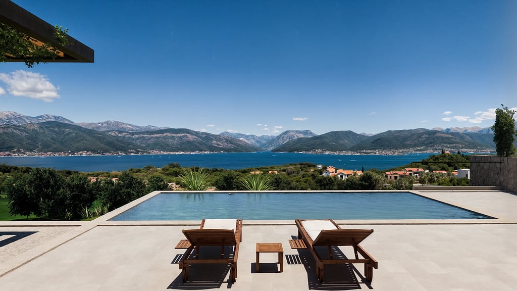 Infinity pool with sea and mountain views in Luštica, Montenegro: terrace with wooden sun loungers by the villa.