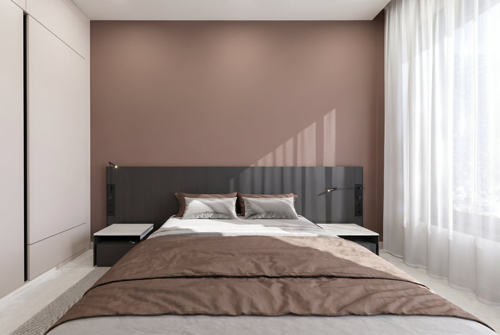 Modern bedroom in an apartment at the Tivat residential complex, Montenegro: double bed, dark headboard, and panoramic window.