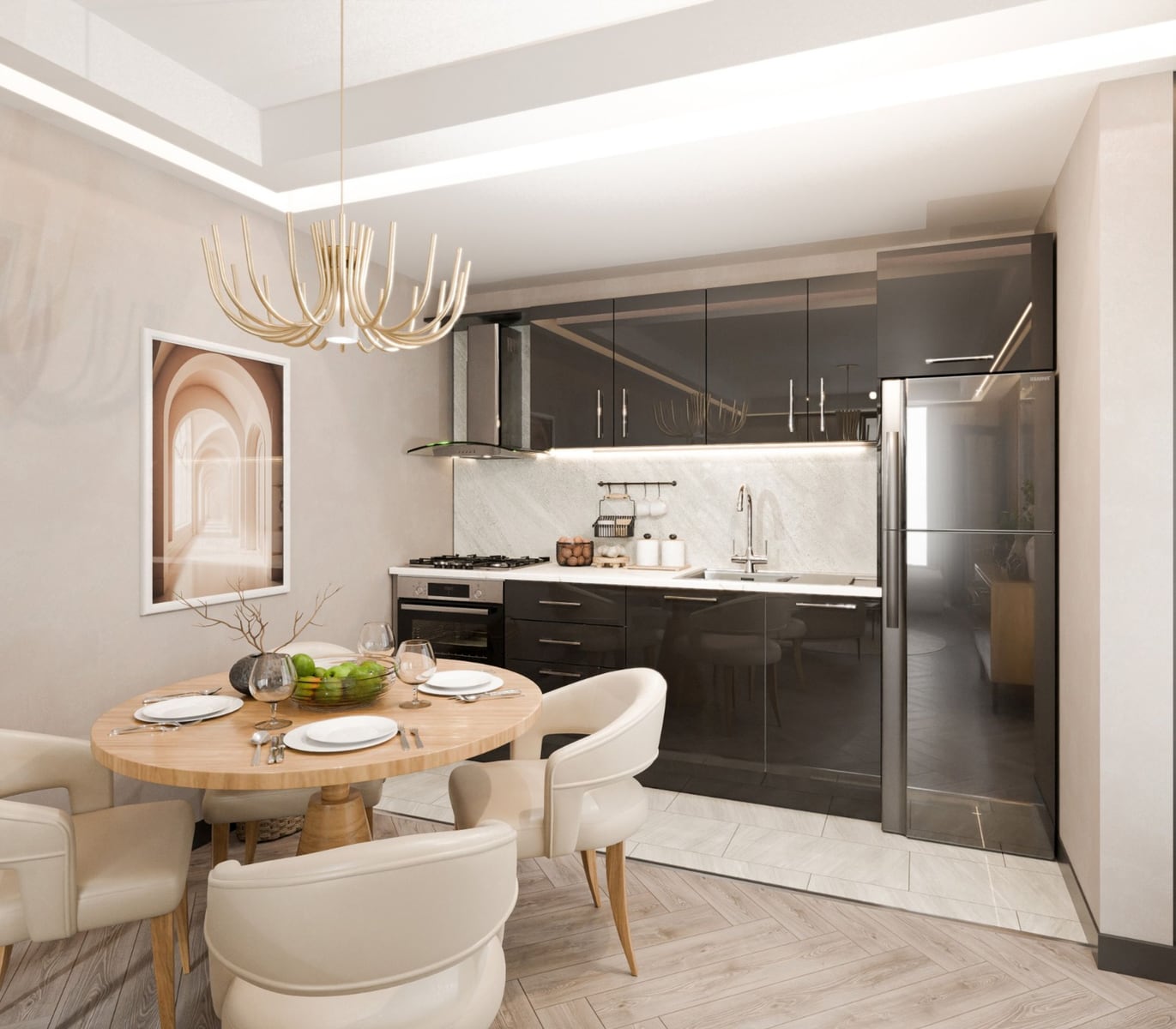 Modern kitchen with dark cabinetry and dining area in the Radanovici residential complex, Montenegro. Designer apartment interior.