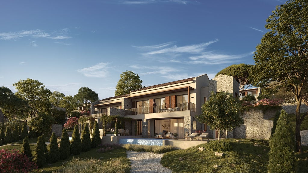 Modern villa with a pool and stone facade finishing in the Luštica residential complex, Montenegro.