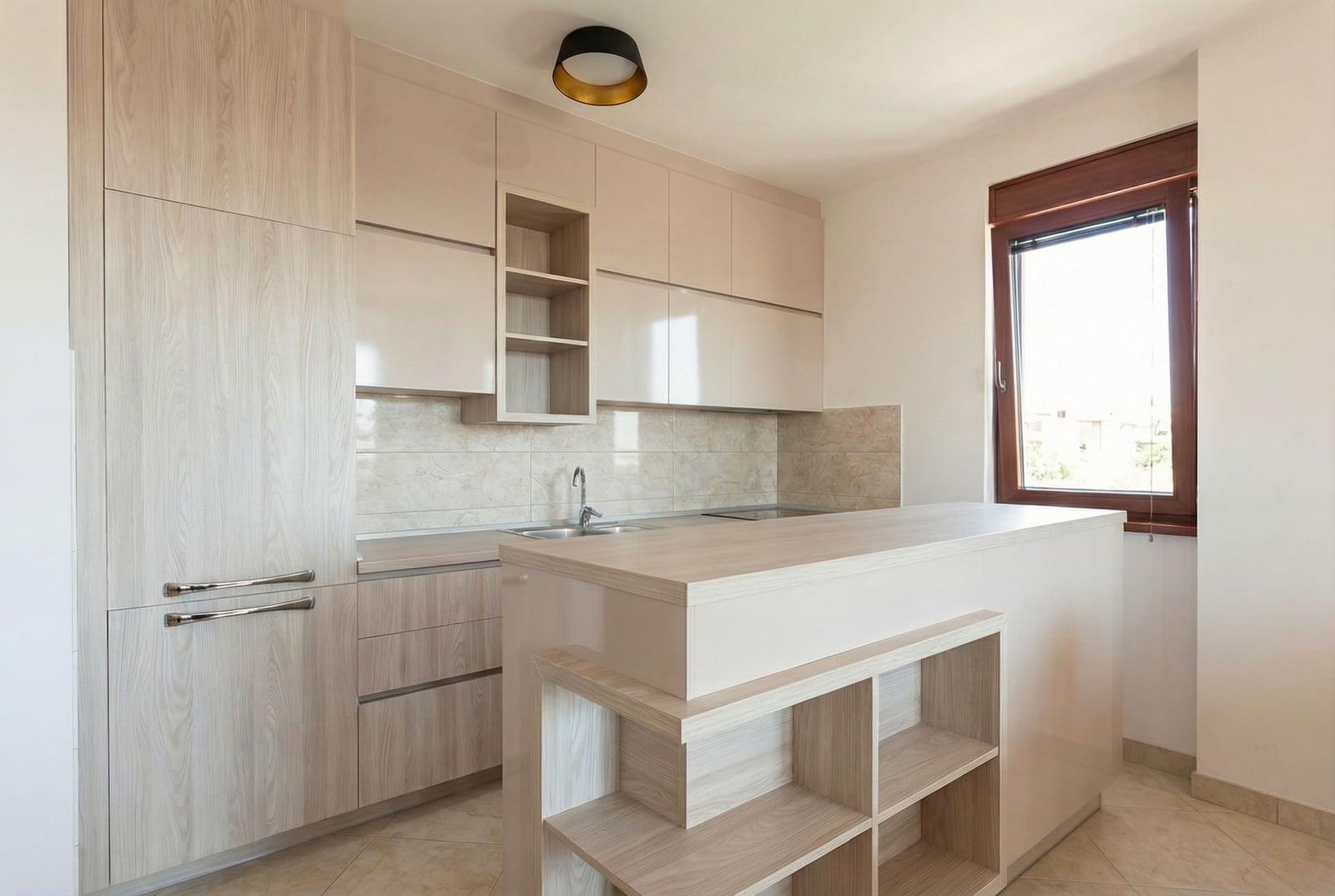 Modern kitchen with light cabinetry and a breakfast bar in an apartment, Rafailovichi, Montenegro.