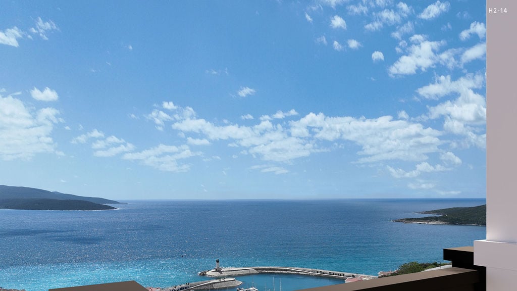Panoramic view of the Adriatic Sea and the marina from the balcony of an apartment in Luštica, Montenegro.