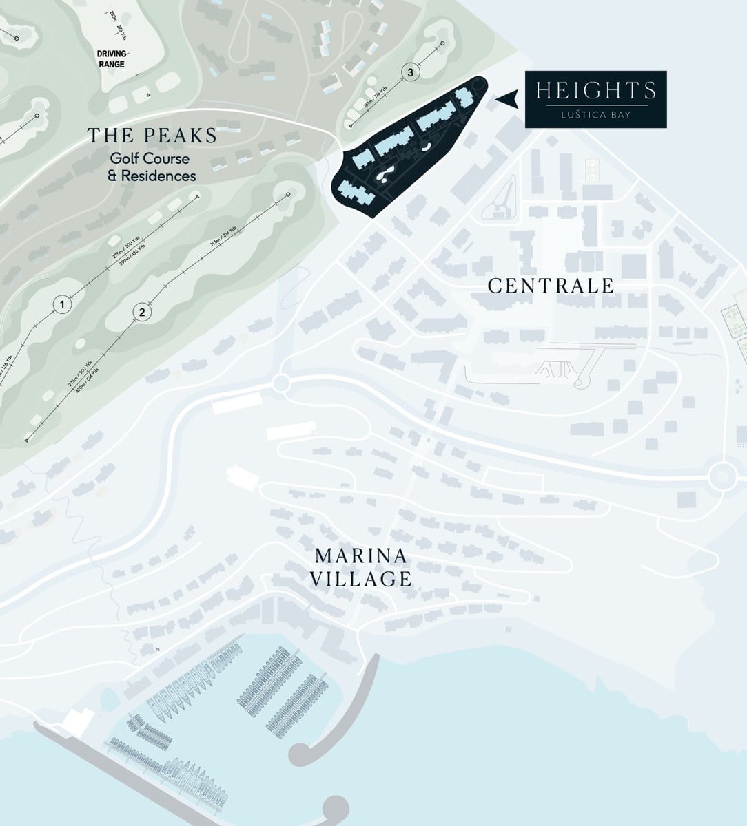 Генеральный план комплекса Heights в Luštica Bay, Черногория: расположение резиденций рядом с полем для гольфа.