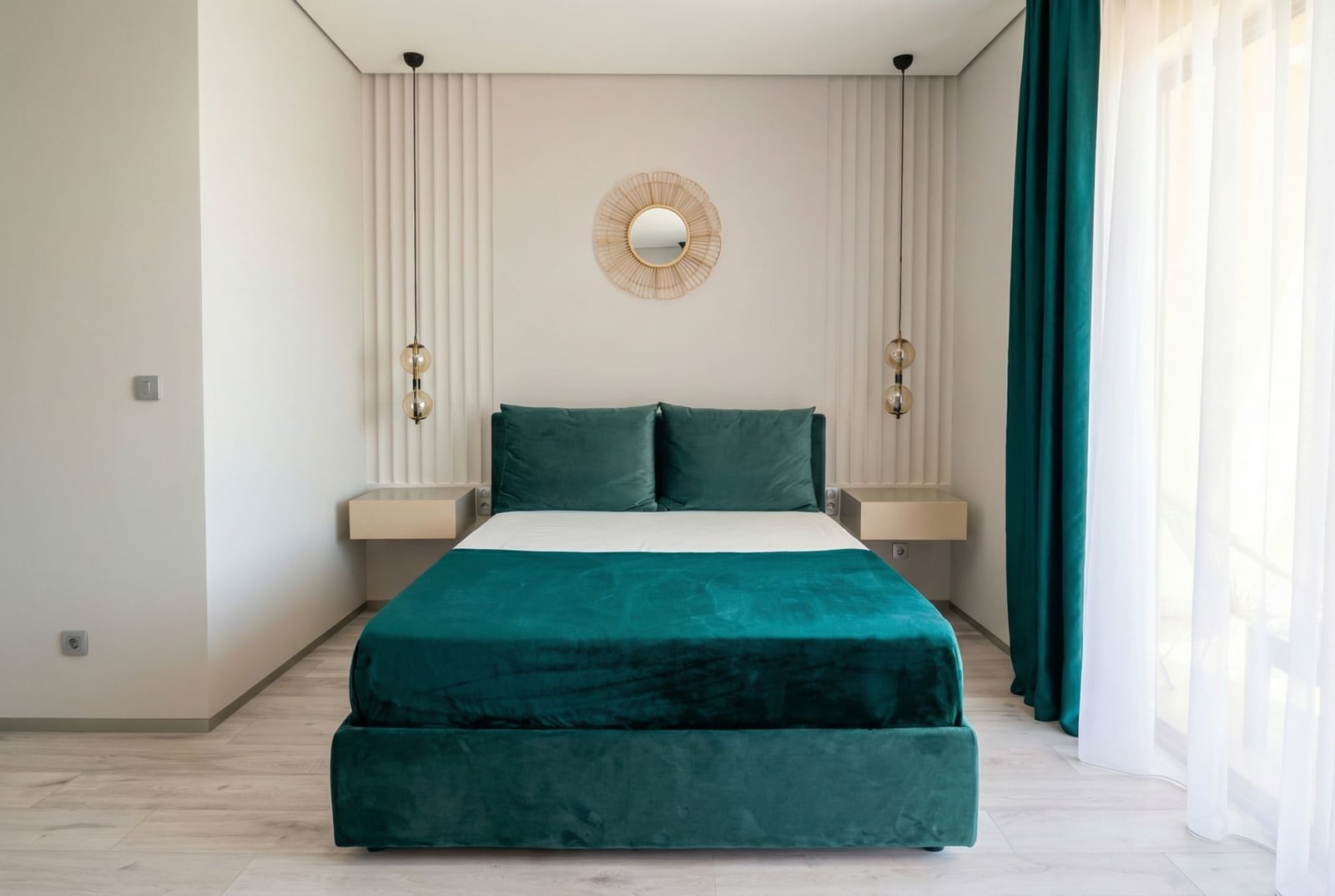 Modernes Schlafzimmer mit smaragdgrünem Bett in einer Wohnung, Bečići, Montenegro: stilvolles Interieur und Pendelleuchten.