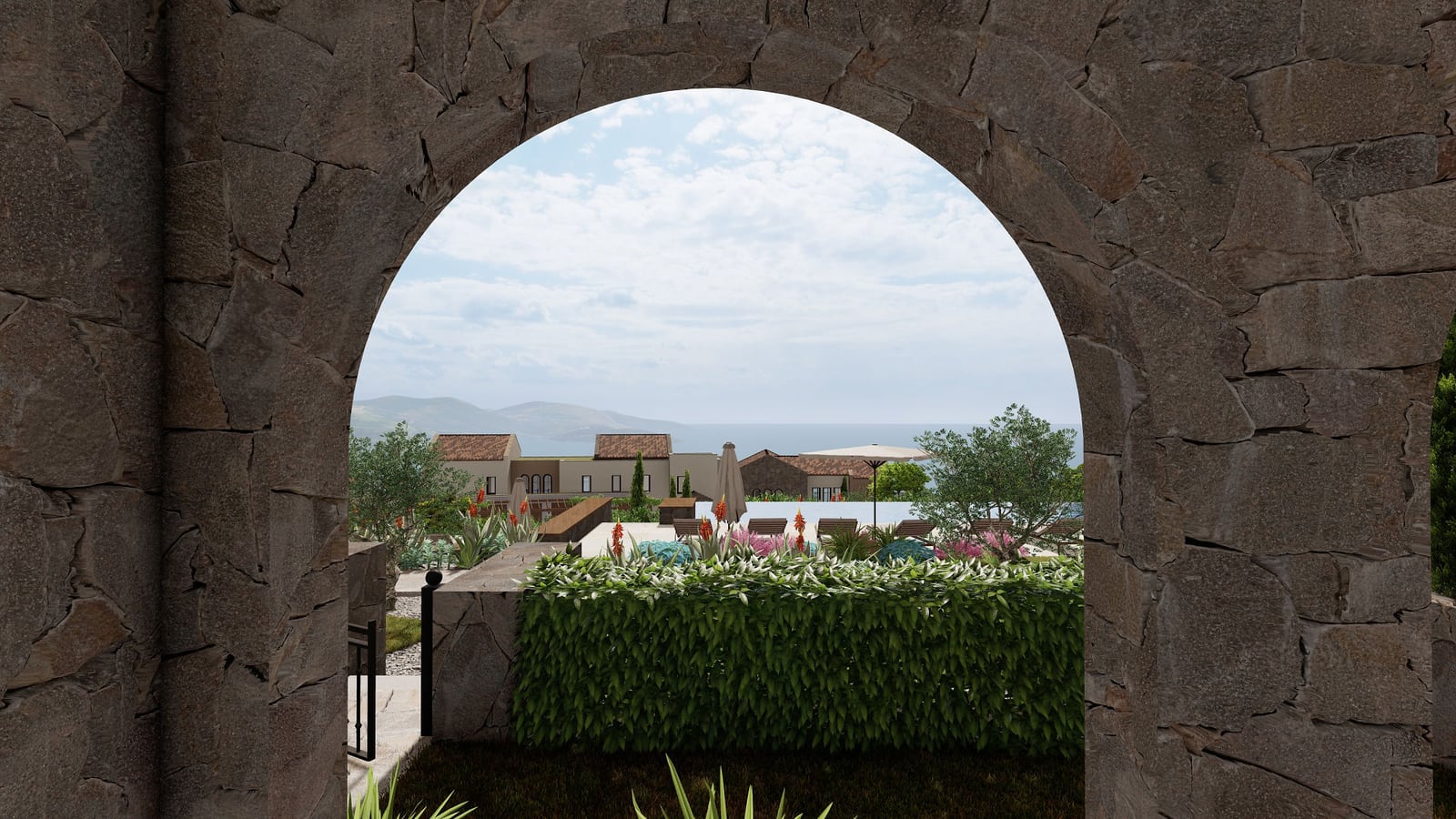 View of the pool and sea through a stone arch in the elite Lustica Bay complex, Montenegro. Landscape design and terrace.