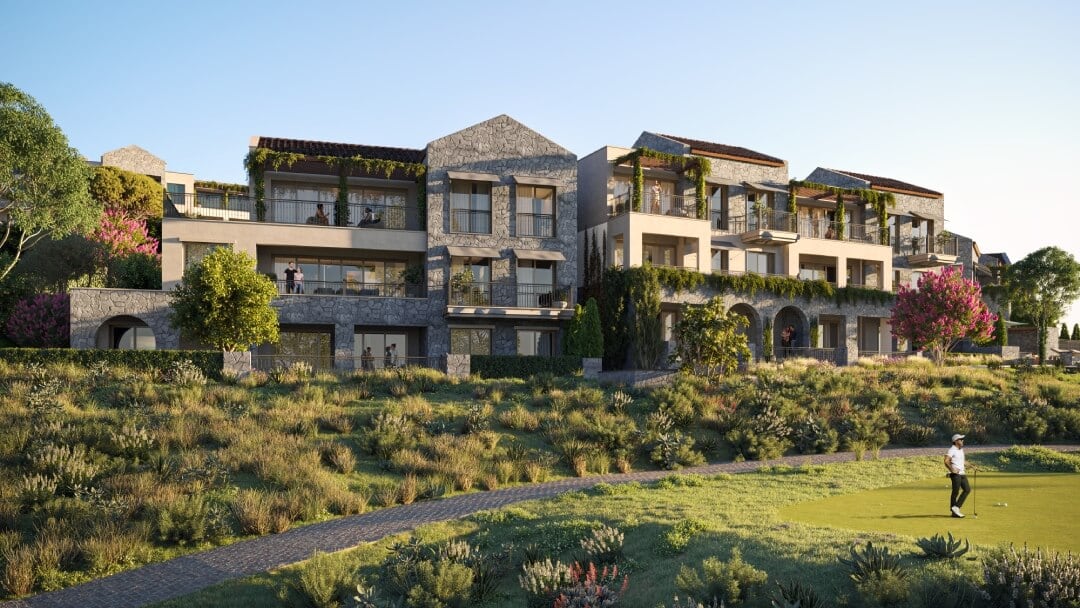 Modern apartments in Luštica Bay, Montenegro: stone facade finishing, terraces, and a view of the golf course.