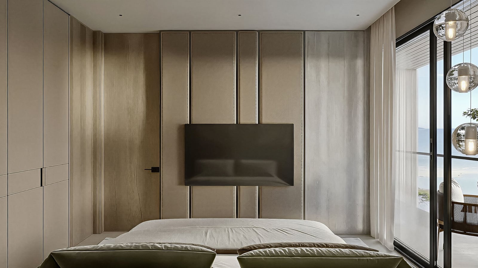 Modern bedroom in the Kumbor residential complex, Montenegro: designer wall finishes, TV area, and panoramic sea view from the balcony.