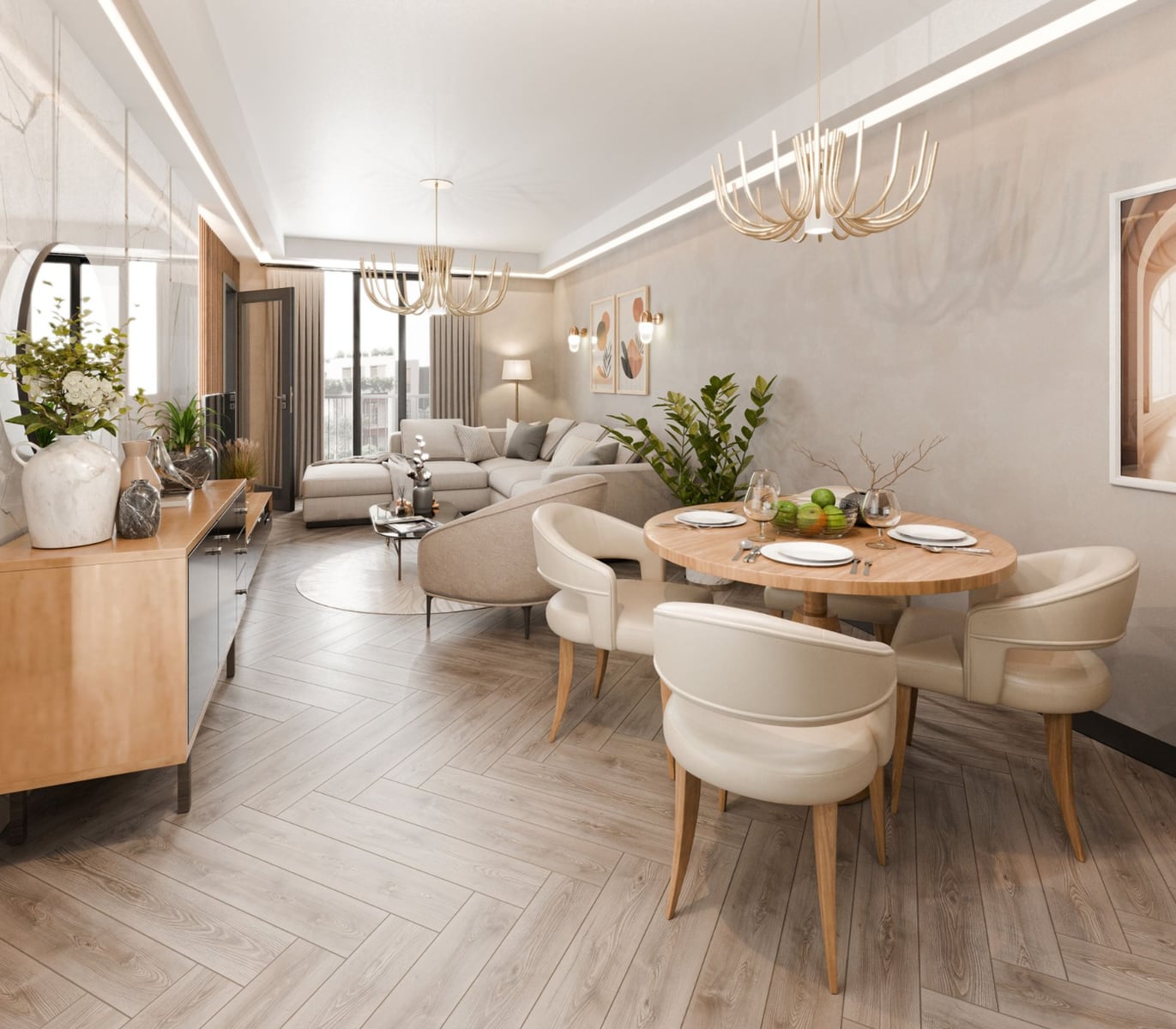 Modern living room with dining area in Radanovici residential complex, Montenegro: bright interior, parquet flooring, and designer furniture.