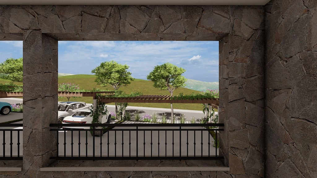 View from a balcony with stone finishing overlooking the parking lot and hills in the Lustica Bay complex, Montenegro.