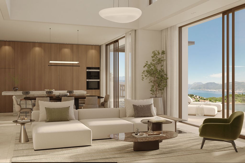Modern living room in a townhouse, Luštica, Montenegro: bright interior, panoramic sea view, and terrace.