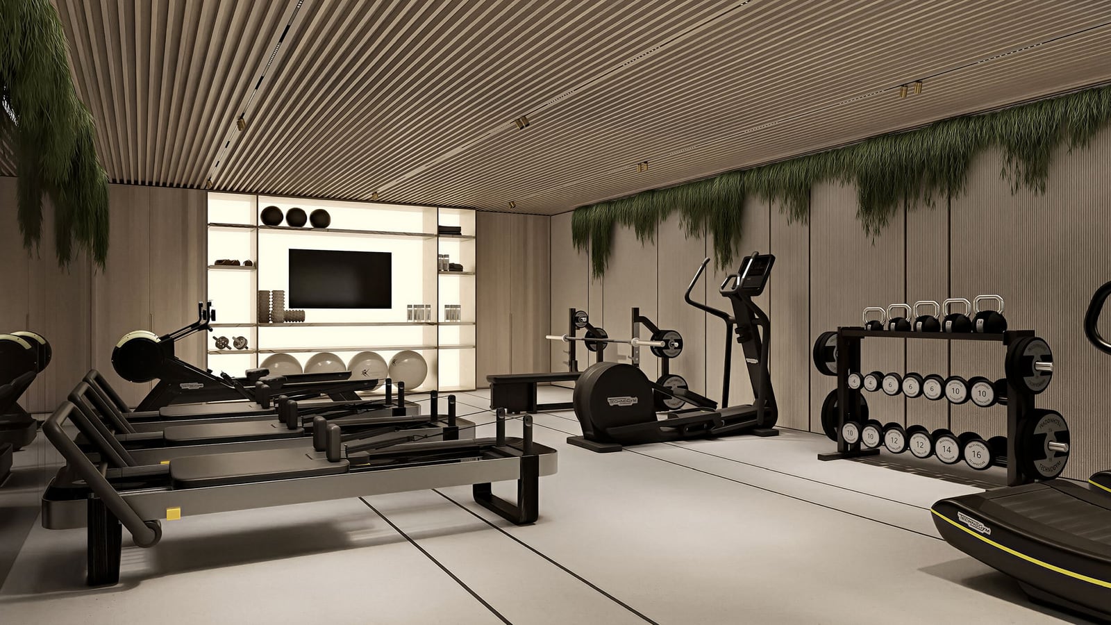 Modern gym with Technogym equipment in a residential complex in Kumbor, Montenegro.