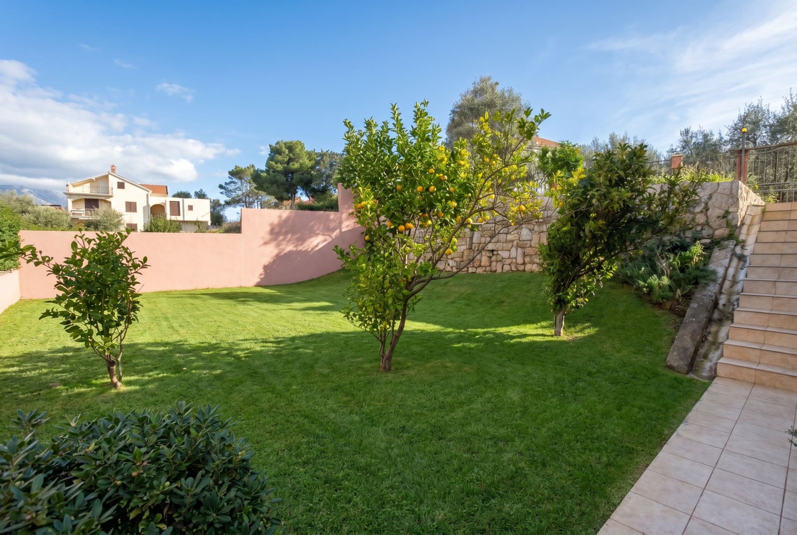 Well-kept green garden with citrus trees and a stone staircase by the house in Baošići, Montenegro.