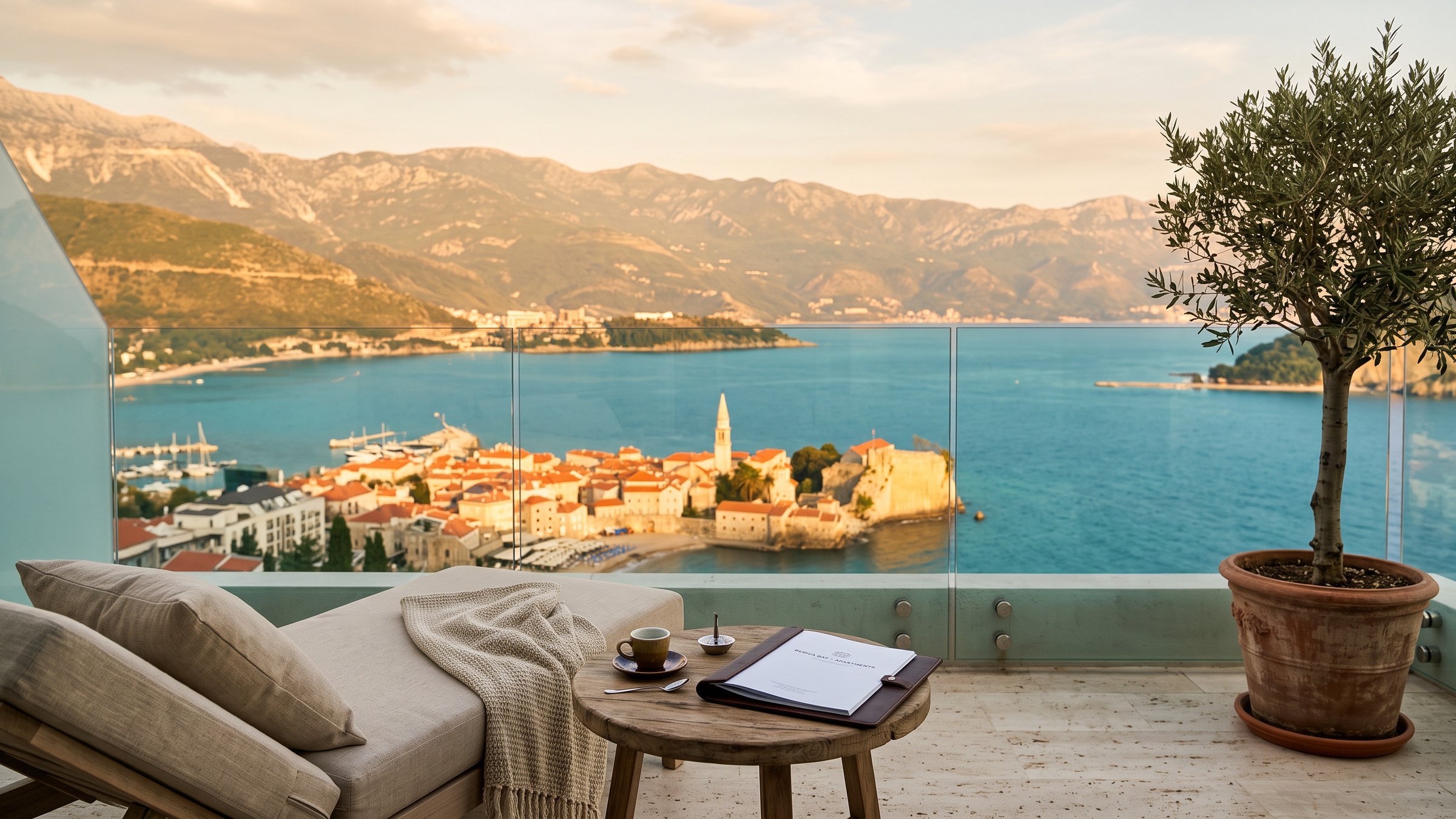 Terrace of an apartment in Budva overlooking the Adriatic coast