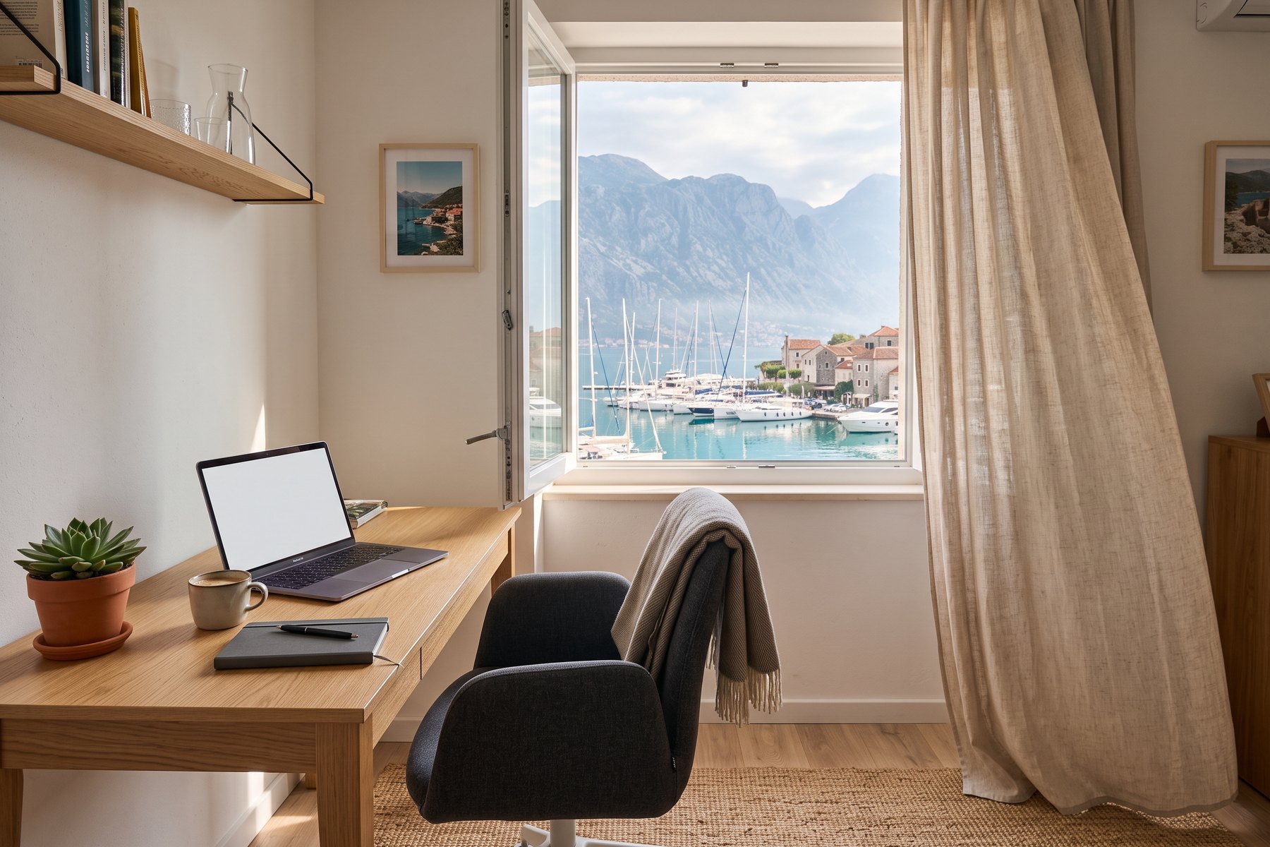Workspace by the window overlooking the marina in Montenegro